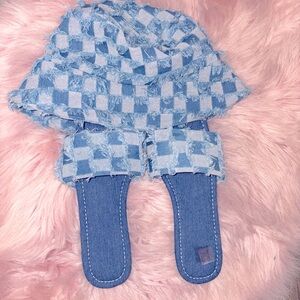 Blue Checkered Denim Hat and matching slides. Slides are US women’s size 9
